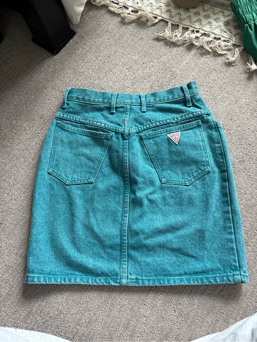 Guess vintage Y2K Teal Mini Denim Skirt with Back Pocket Logo